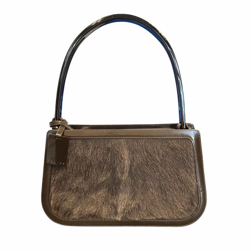 CELINE セリーヌ ハンドバッグ プラハンドル ロゴ 皮革 切替 焦げ茶 