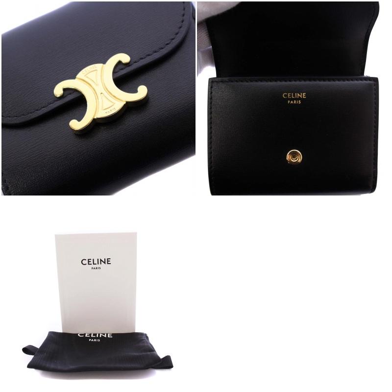 セリーヌ黒レザー三つ折り財布 ゴールドロゴトリオンフ 極美品◇CELINE 三つ折り財布 トリオンフ ブラック ゴールドロゴ