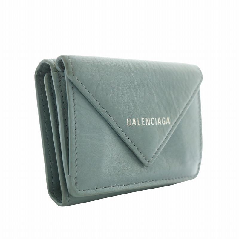 未使用BALENCIAGA レザー三つ折り財布　ペーパーミニウォレット 　水色 BALENCIAGA バレンシアガ ペーパー ミニ ウォレット 財布 三つ折り