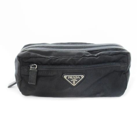 【中古】プラダ PRADA ポーチ ナイロン レザー 革 三角ロゴプレート 黒 ブラック /CK23 ■GY11 レディース PRADA（プラダ） ポーチ ナイロン レザー 革 三角ロゴプレート 黒