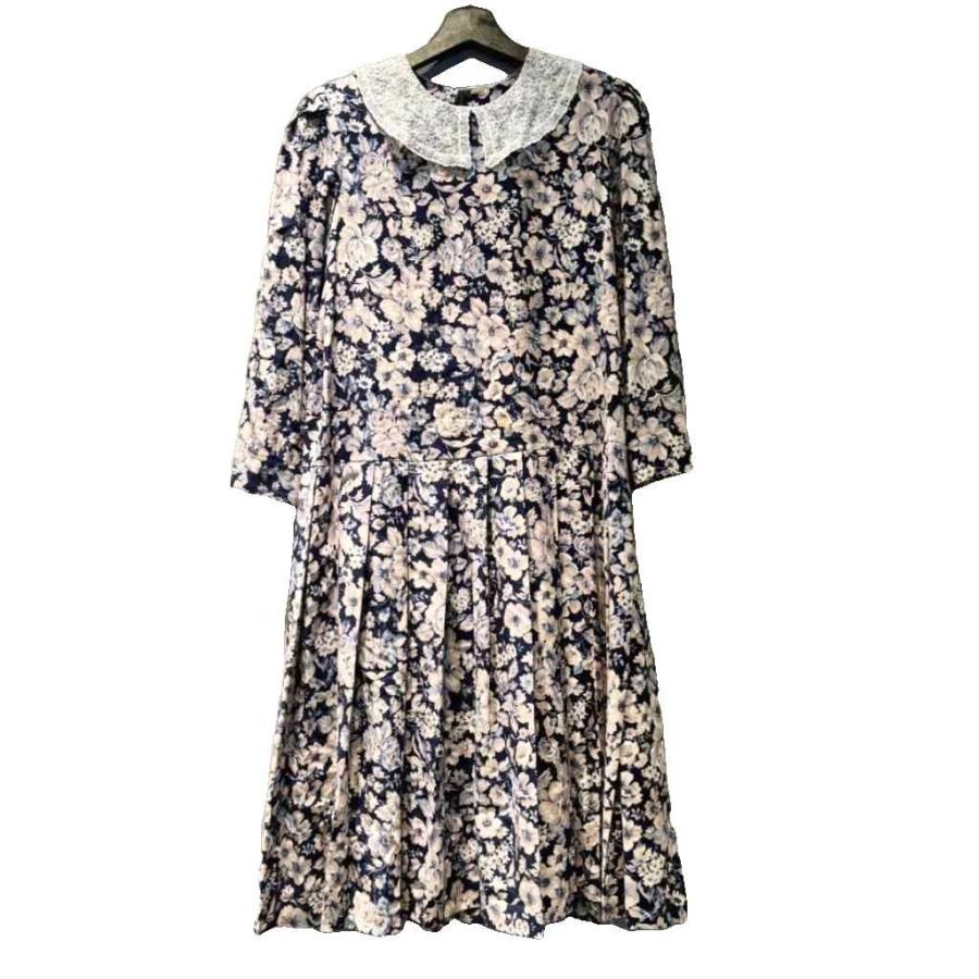 LAURA ASHLEY 花柄ワンピース ネイビー 長袖　40 ローラアシュレイ LAURA ASHLEY ワンピース ロング 長袖 花柄 7A 紺