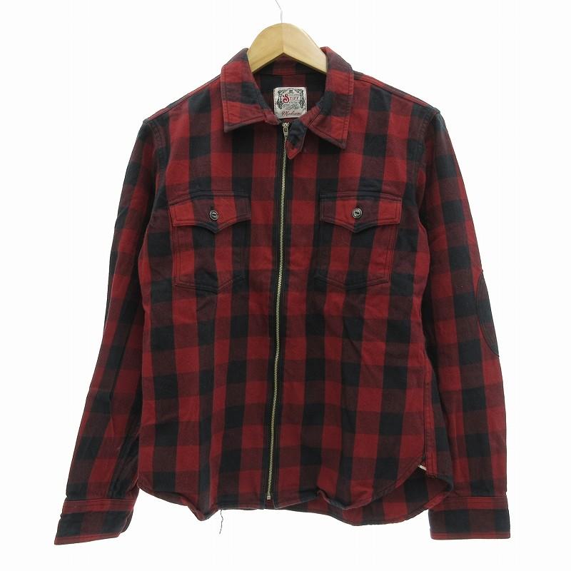 スティッフ STIFF シャツジャケット ジップアップ チェック柄 M 赤 