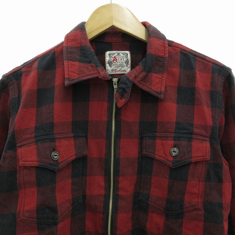 スティッフ STIFF シャツジャケット ジップアップ チェック柄 M 赤 