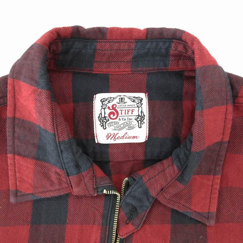 スティッフ STIFF シャツジャケット ジップアップ チェック柄 M 赤 