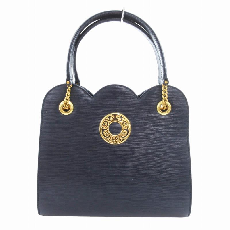 ハナエモリ HANAE MORI ハンドバッグ ロゴ パッチ チェーン レザー 紺