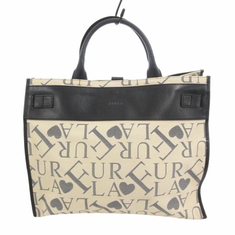 FURLA フルラ トートバッグ 総柄 キャンバス レザー ベージュ 黒
