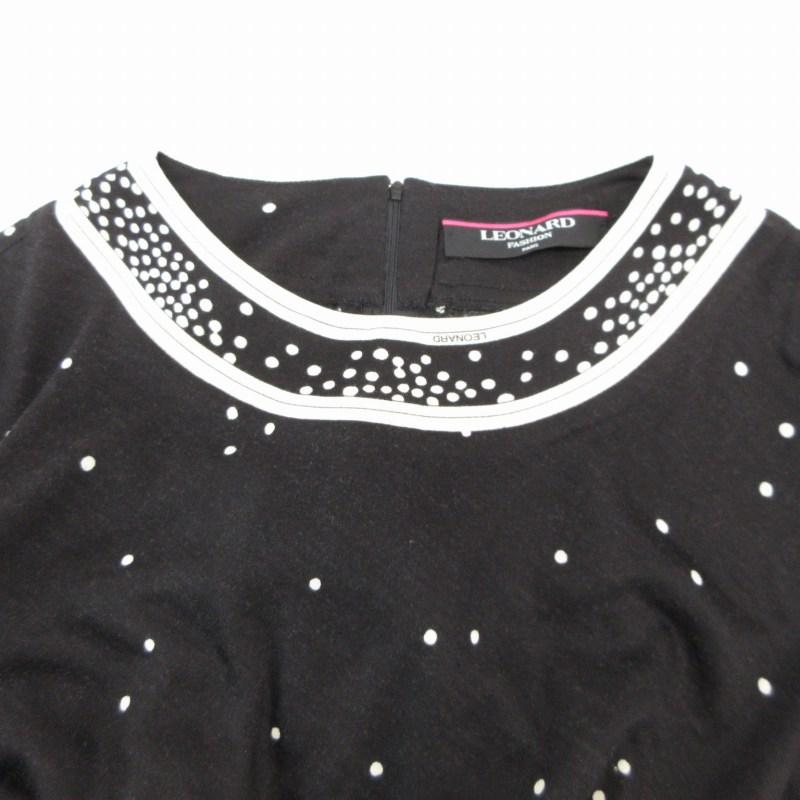 レオナール ワンピース ドット柄 ウール シルク混 長袖 ミモレ丈 L 黒 白