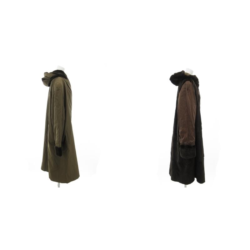 【新品タグ付】ヌートリア　フード　茶　ファー　ロング　コート　毛皮　リバーシブル 新品タグ付】ヌートリア フード 茶 ファー ロング コート 毛皮