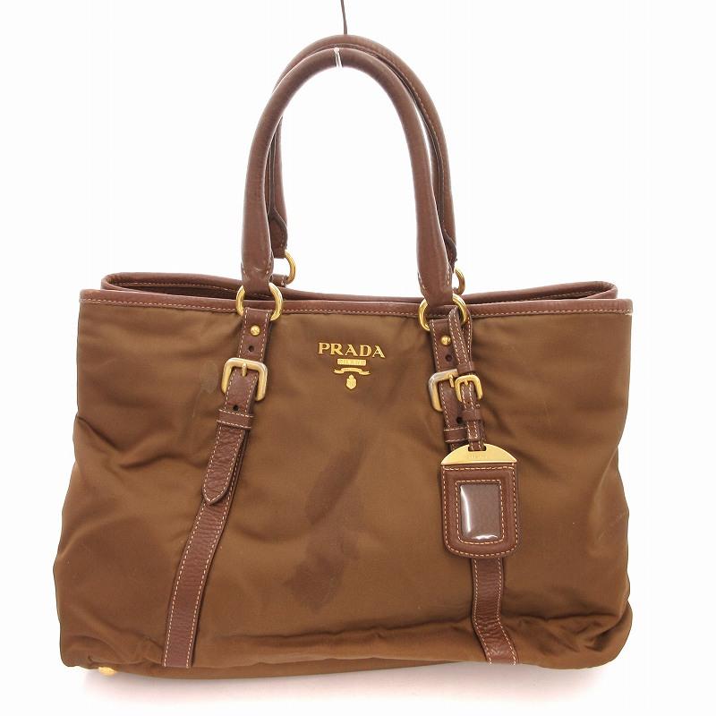 PRADA（プラダ） ハンドバッグ ナイロン レザートリム ロゴ金具 茶 