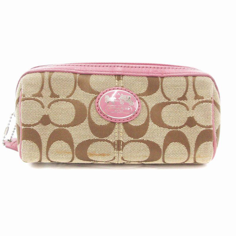 COACH（コーチ） 化粧ポーチ キャンバス シグネチャー ベージュ ピンク 