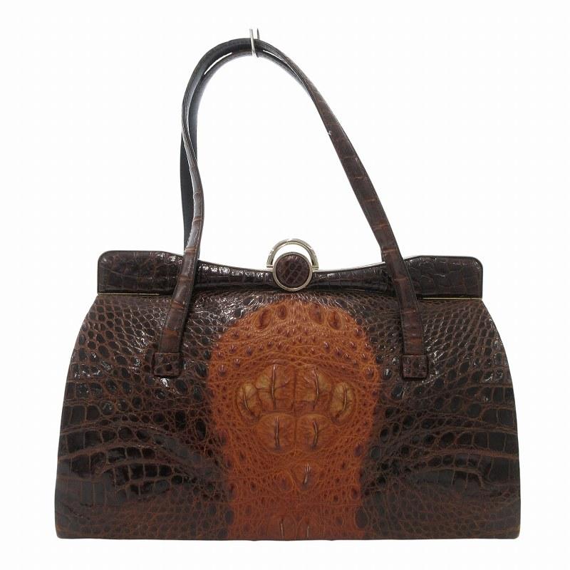 ノーブランド ハンドバッグ 手提げ ワニ革 クロコダイルレザー 茶  