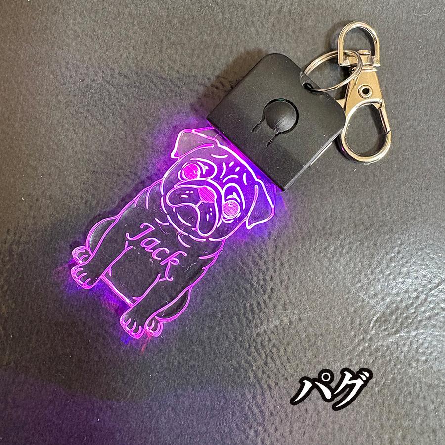 犬 キーホルダー 光る 名入れ ネームプレート 名札 チャーム LED