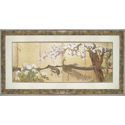 送料無料 狩野永徳 桜と孔雀 額付きポスター インテリアアート
