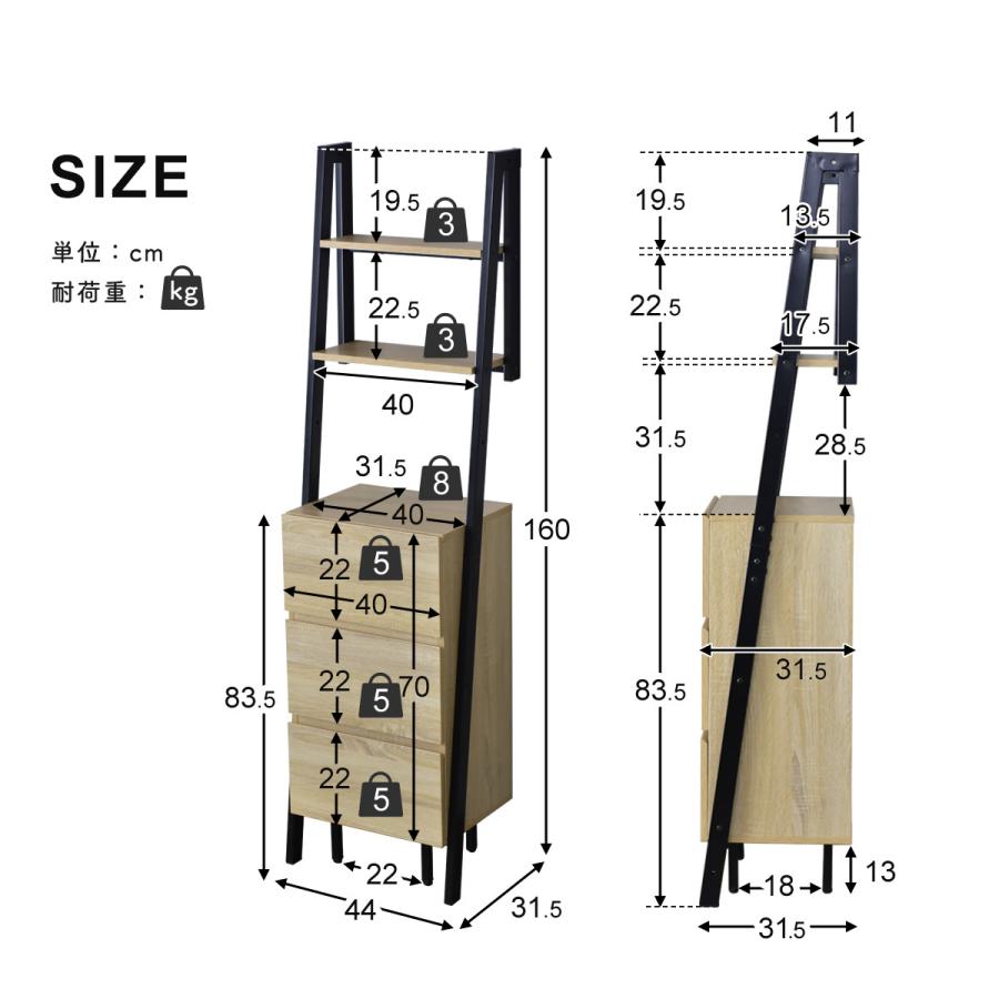 壁面収納 壁寄せ オープンラック 収納 マーク45cm 2段 DORIS（ドリス） チェスト 壁面収納 壁寄せ オープンラック スリム