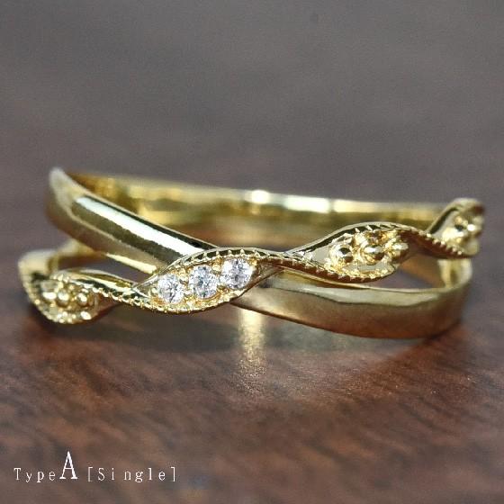 K18 ダイヤモンド 天然石 ウェーブ リング triplets wave-cross 2Type