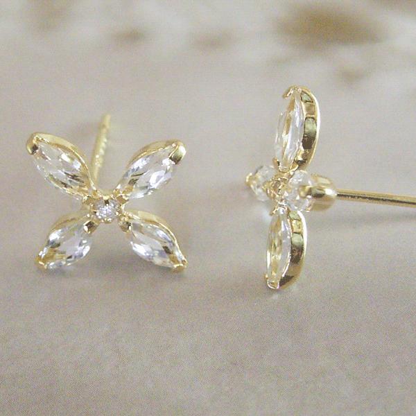 ピアス 花 k18 18金 K18 天然 ダイヤモンド ホワイトトパーズ アクセサリー フラワー 2営業日前後の発送予定 sd_1