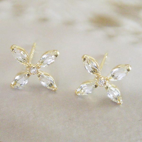 ピアス 花 k18 18金 K18 天然 ダイヤモンド ホワイトトパーズ アクセサリー フラワー 2営業日前後の発送予定 sd_2