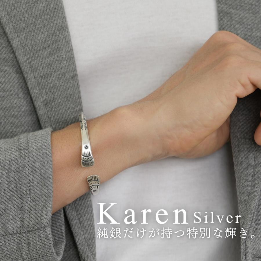 カレンシルバー バングル シルバー925 メンズ レディース 925刻印 スタンプワーク お守り カレン族 フリーサイズ サイズ調整可能 幅4mm 銀 ブレスレットの画像