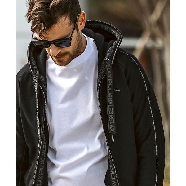 1PIU1UGUALE3 RELAX パイピングロゴワイドスピンドルパーカー ブラック