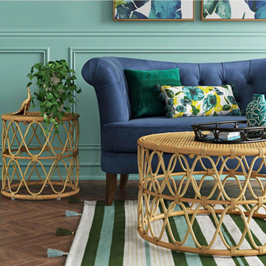 VeroMan 手作り 籐編みテーブル サイドテーブル ローテーブル 竹