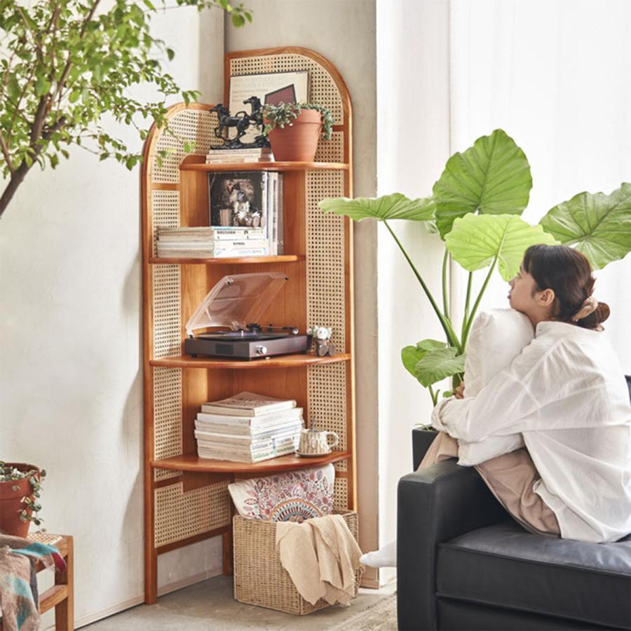 ヴィンテージ ラタン コーナーシェルフ 飾り棚 家具 古道具 古材コーナーラック 幅45cm 奥行26cm 木製棚 オープンラック 収納棚