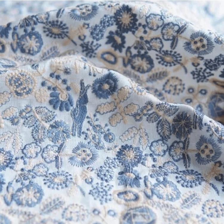 ブルー☆刺繍リネン生地 素材 輸入生地 インポート ハンドメイド 花