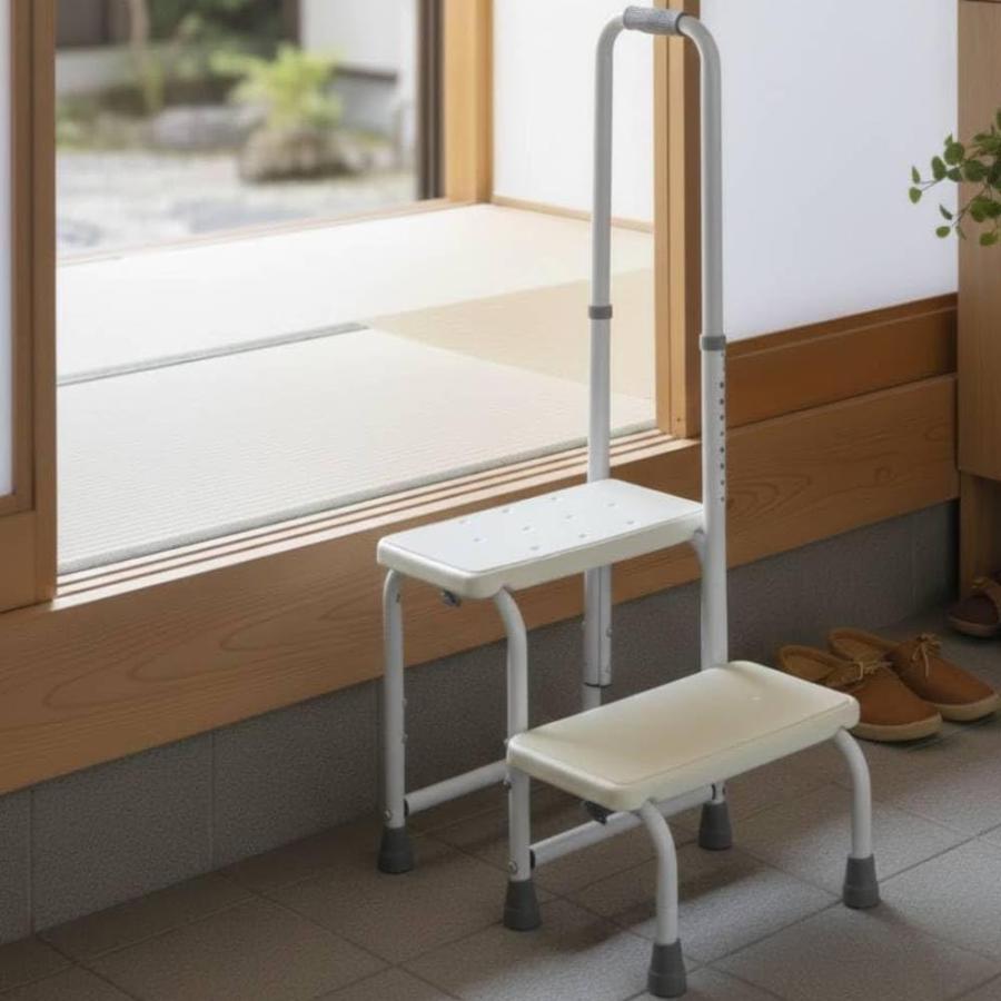 踏み台 2段 手すり付き玄関台 子供 ステップ台 手すり 屋外 置くだけ