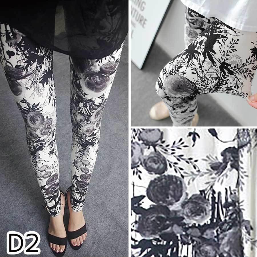 美品白黒花柄ハイウエストレギンス レギンス レギパン スキニー レディース 柄 花柄 西洋風 水墨画