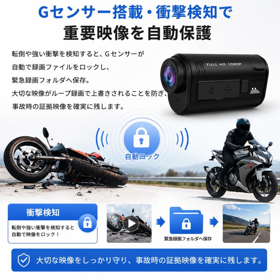 バイク ドライブレコーダー ヘルメット用 前後2カメラ 配線不要 Wi-Fi