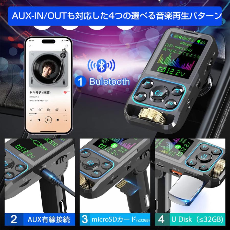 FMトランスミッター Bluetooth5.0 PD QC3.0高速充電 スマホ充電