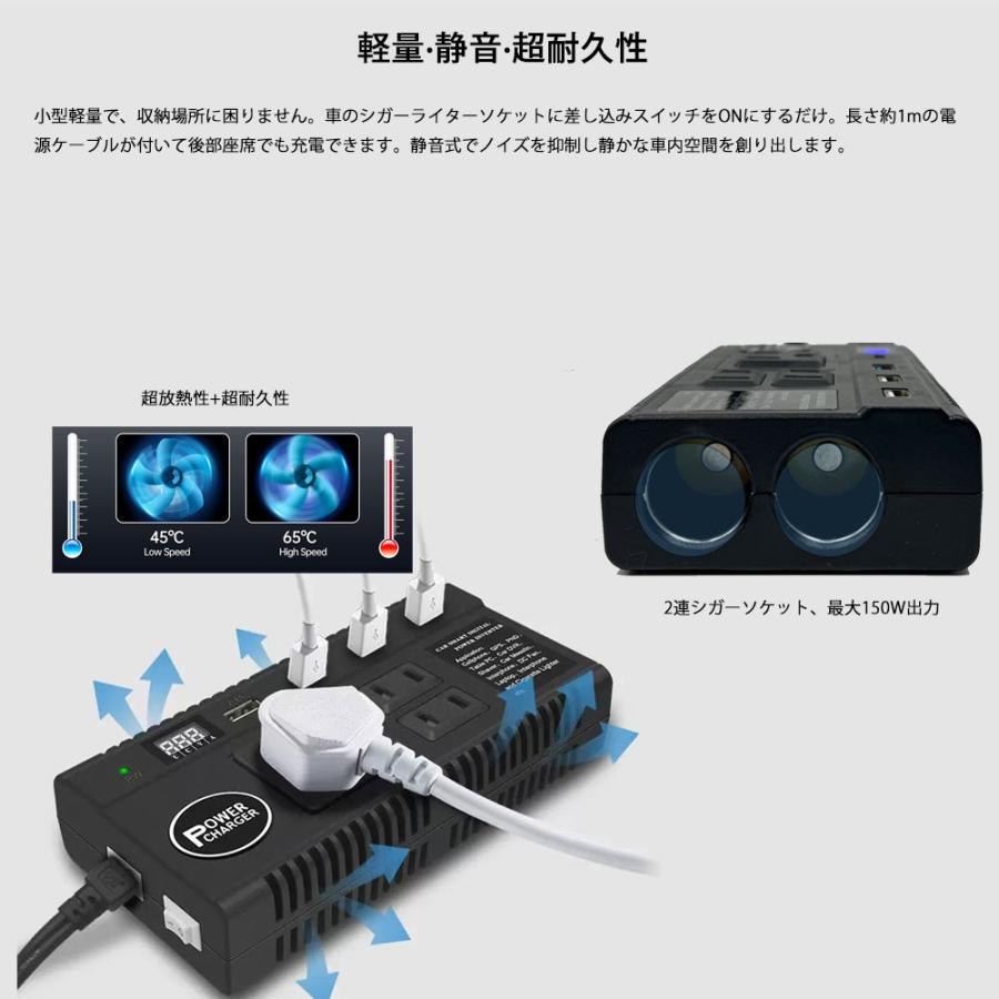 カーインバーター 車載充電器 120W DC12V 24V をAC100Vに変換