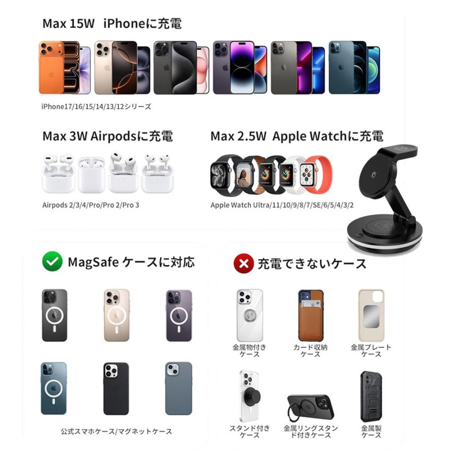ワイヤレス充電器 3in1 マグセーフ充電器 折り畳み式 Mag Safe充電器