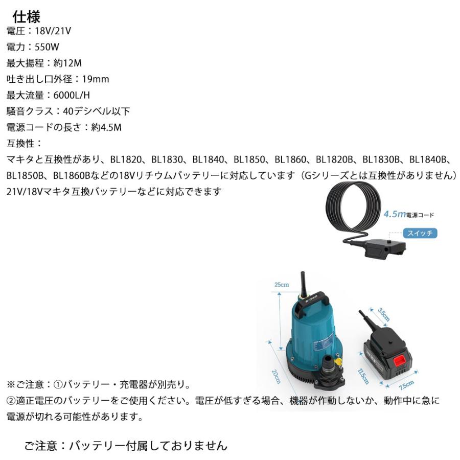 水中ポンプ バッテリー式 12m揚程 充電式 排水ポンプ マキタ18V互換