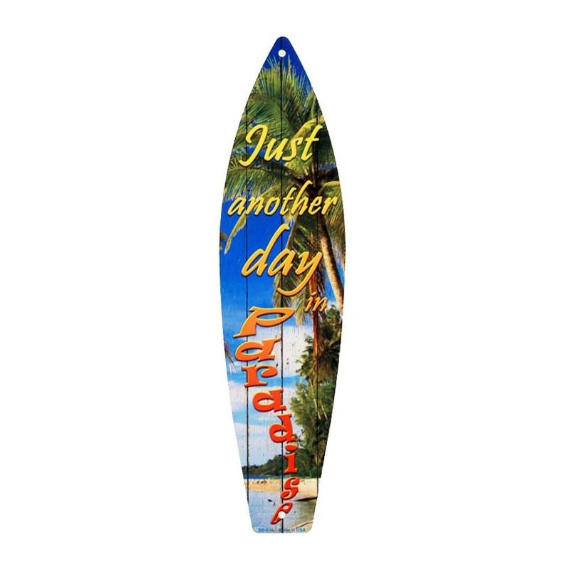 パラダイス DAY IN PARADISE 南国の浜辺 サーフボード型 サーフィン 雑貨 メタルプレート アメリカンブリキ看板｜veryberry