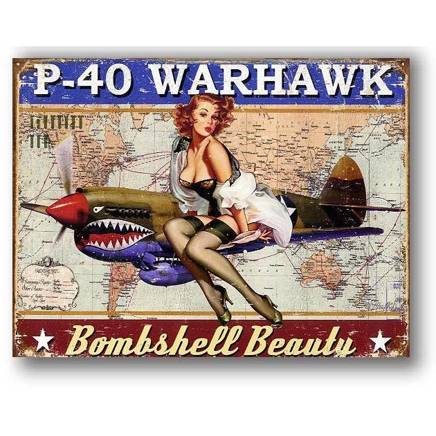 P-40 ウォーホーク＆ピンナップガール レトロ調 アメリカンブリキ看板 アメリカ 雑貨 アメリカン雑貨 メタルプレート｜veryberry