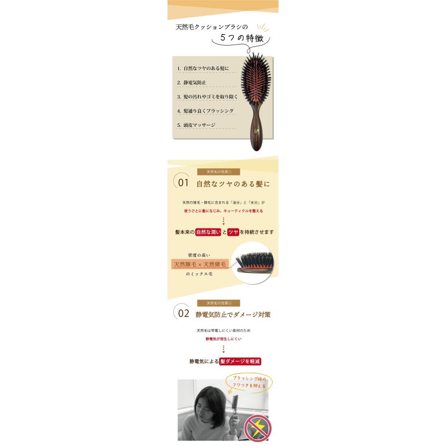 ヘアブラシ クッションブラシ 豚毛 猪毛 100% 天然毛 頭皮マッサージ