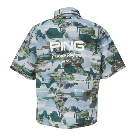 【新品タグ付き】PING ゴルフウェア 総柄 フルジップ 半袖シャツ L PING（ピン） （メンズ）ゴルフウェア シアサッカー 半袖フルジップ