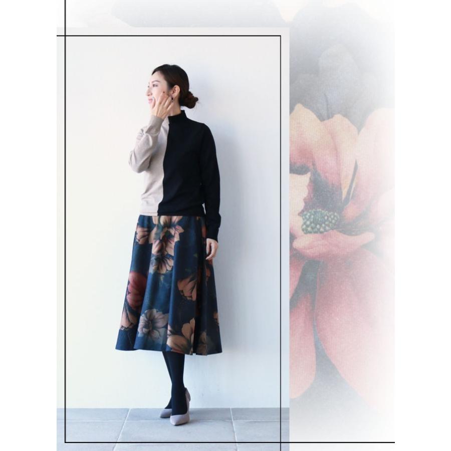 Vieo 木蓮の薫りを堪能する スカートゆったり ミディアム フレア 上品 花柄 秋冬 ミセス紺 ネイビー花柄 40代 50代 60代 ミセス E Vieo 通販 Yahoo ショッピング