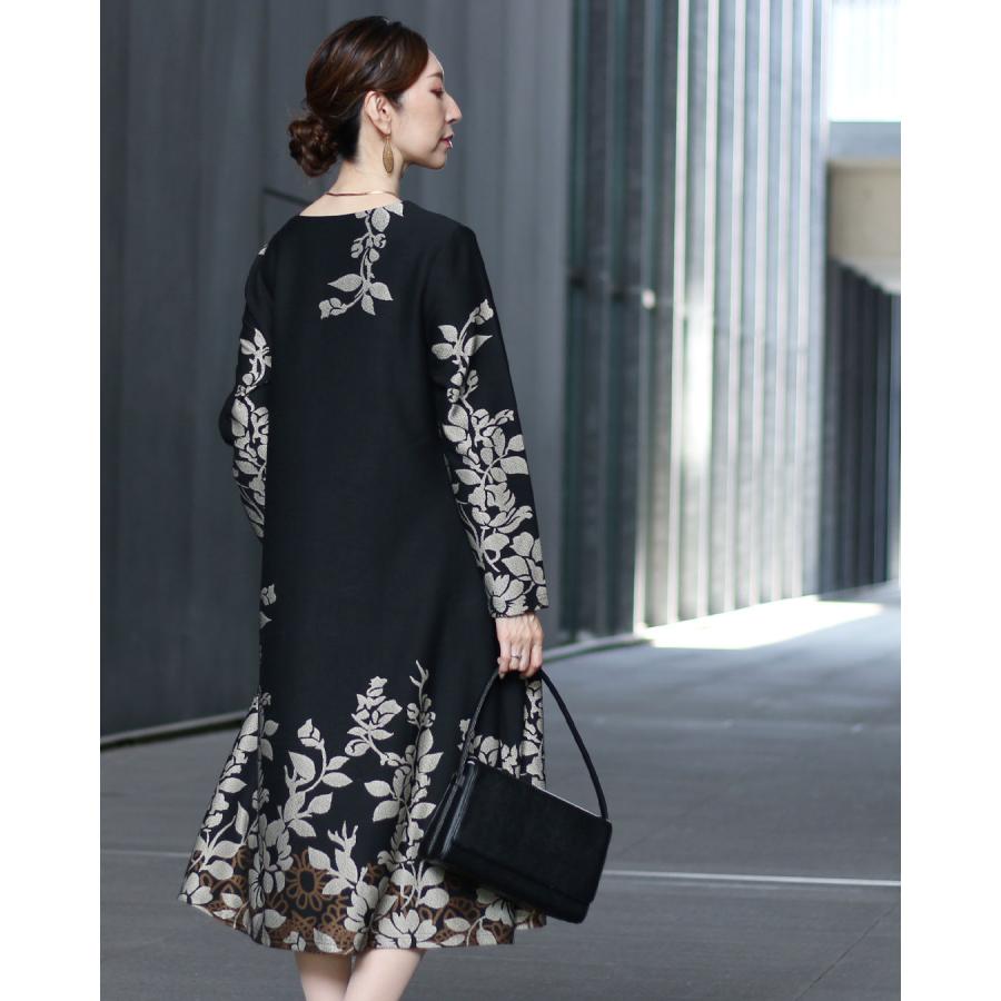 Vieo ワンピース ワンピ 長袖 セミフォーマル 花柄 柄 黒