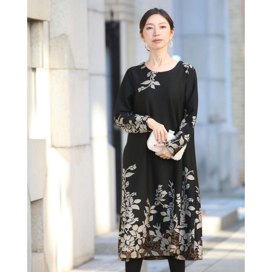 Vieo（ヴィオ） ワンピース ワンピ 長袖 セミフォーマル 花柄 柄 黒