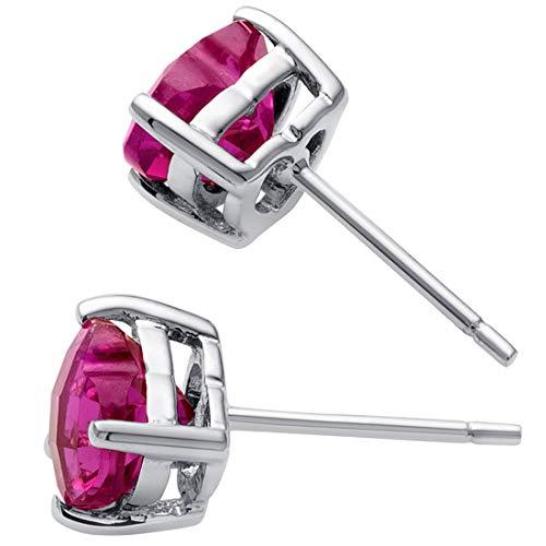 Peora ソリッド14Kホワイトゴールド 人工ルビーハートスタッドイヤリング レディース クラシックソリティアスタッド 6mm 合計2カラット フリクションバック, ホ