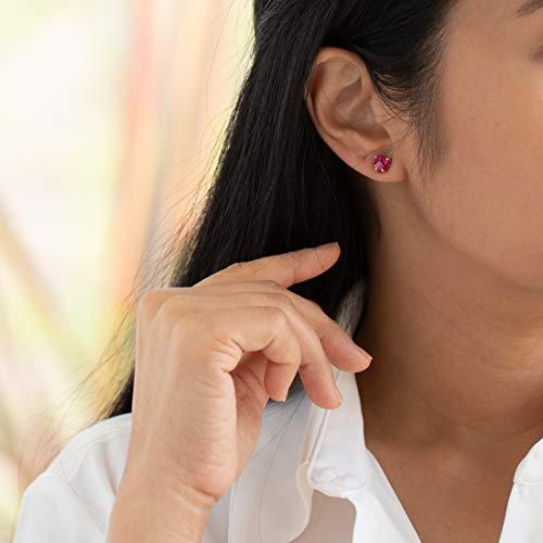 Peora ソリッド14Kホワイトゴールド 人工ルビーハートスタッドイヤリング レディース クラシックソリティアスタッド 6mm 合計2カラット フリクションバック, ホ