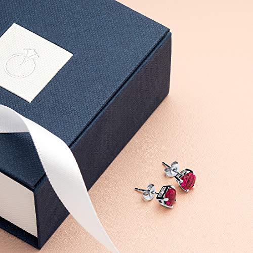 Peora ソリッド14Kホワイトゴールド 人工ルビーハートスタッドイヤリング レディース クラシックソリティアスタッド 6mm 合計2カラット フリクションバック, ホ