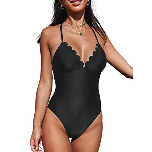 CUPSHE One Piece Swimsuit for Women Bathing Suit Scalloped V Neck Spaghetti