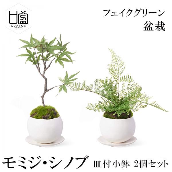 盆栽 ミニサイズ モミジ シノブ 皿付 小鉢 白 2個セット 迎春 正月 飾り 和室 モダン 北欧 造花 インテリア 置き物 玄関 PRGR-1348 CUPBON フェイクグリーン 和