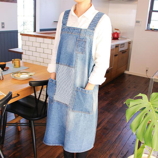 エプロン おしゃれ カフェエプロン デニム パッチワーク プルオーバー