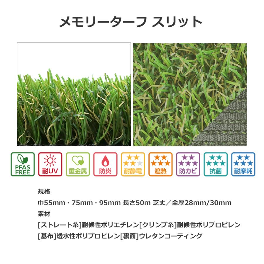 人工芝 選べる巾 95粍 75粍 55粍 長さ5ｍ メモリーターフ 細長い切口 芝丈28粍 溝 細長い切口 目地 パーキング場 混凝土 高品質 御膳上等 国産 日本製 耐久性 耐水性 ガーデ