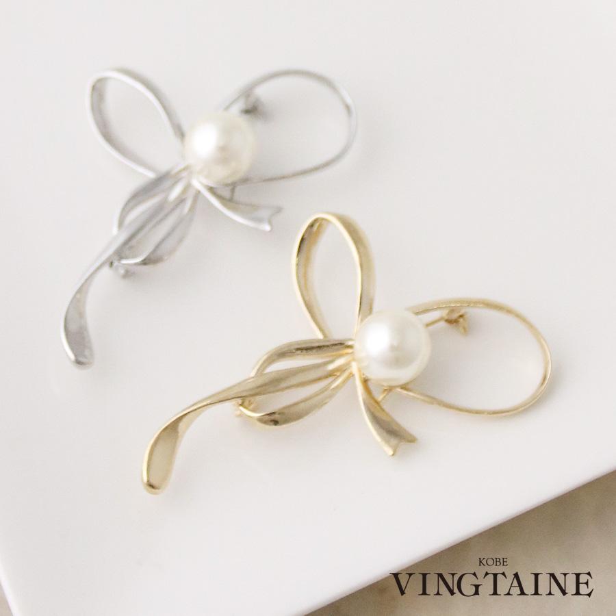 ヴァンテーヌ ブローチ リボン モチーフ パール メタル 曲線 上品