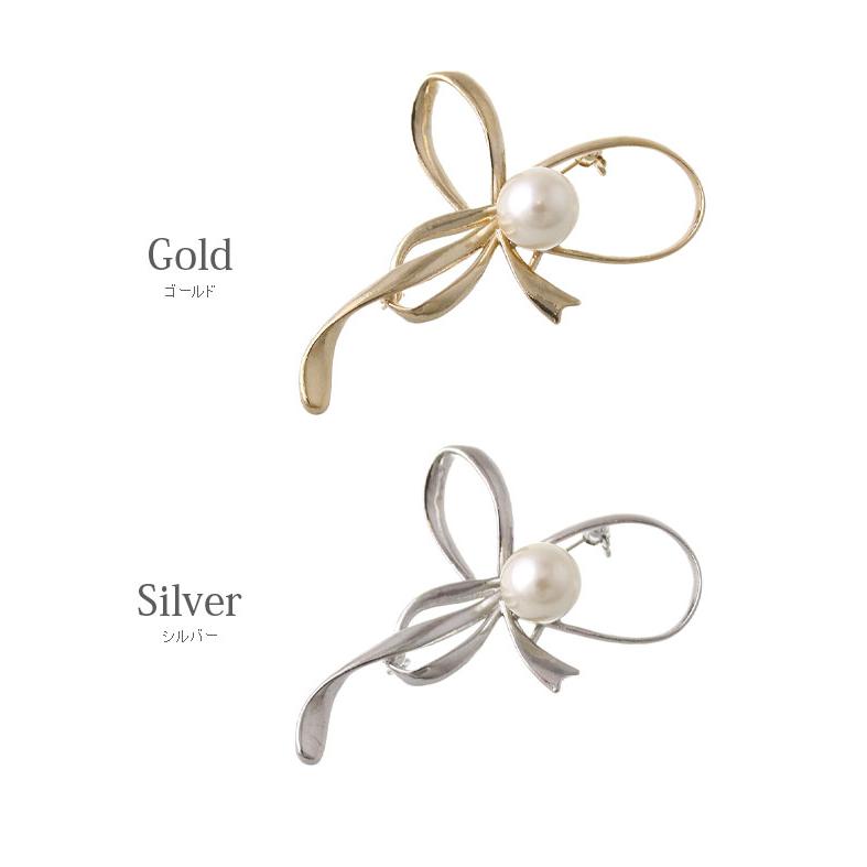 ヴァンテーヌ ブローチ リボン モチーフ パール メタル 曲線 上品