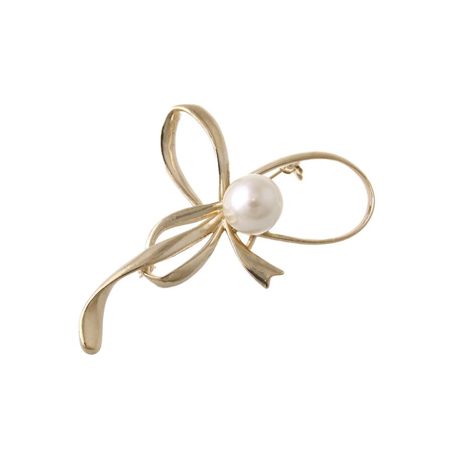 ヴァンテーヌ ブローチ リボン モチーフ パール メタル 曲線 上品